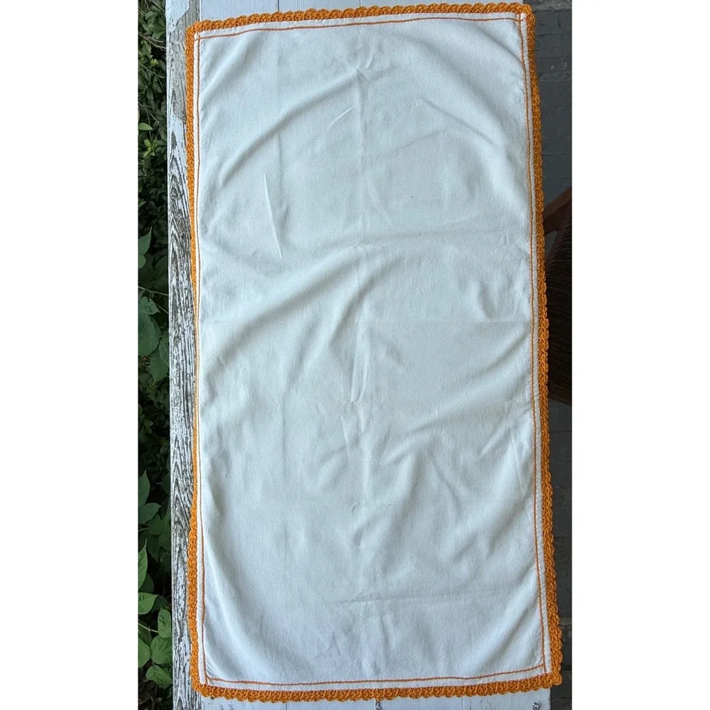 Vintage White Linen Table Runner Orange Crochet Lace Trim 36x19 Handmade Boho